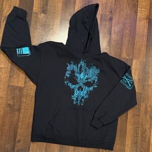 Grunt Style Men’s Black Hoodie with Teal Circuit Tech Skull Graphic (size XL)